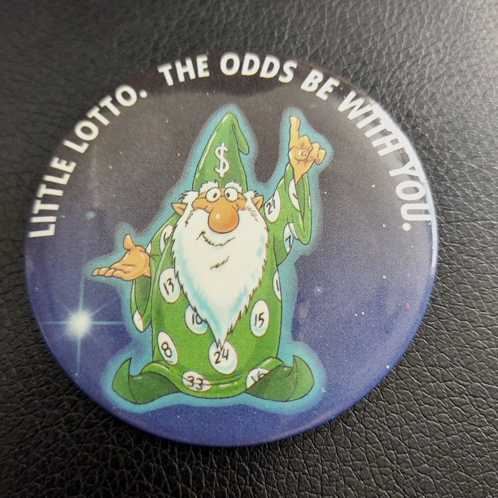 Vintage The Odds Be with You Play Little Lotto Pin Button Wizard Gamble 2 1/4"